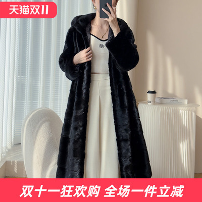 2025冬季新款水貂皮大衣女中长款带连帽横排海宁裘皮块貂皮草外套