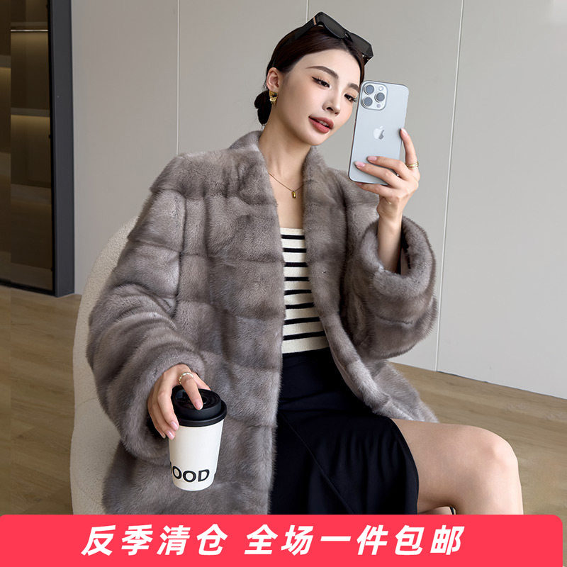 水貂皮大衣女V领2025冬季新款海宁短款横排整貂毛皮草真貂毛外套