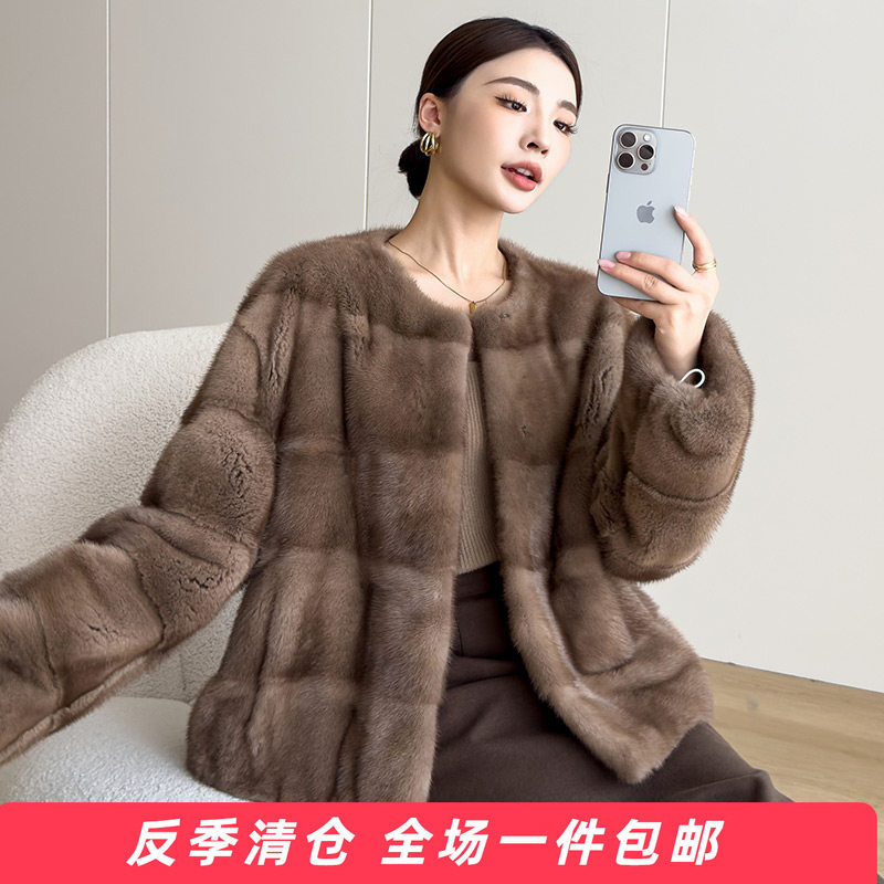 水貂皮大衣整貂皮草外套女母貂毛海宁2025新款短款时尚横排圆领