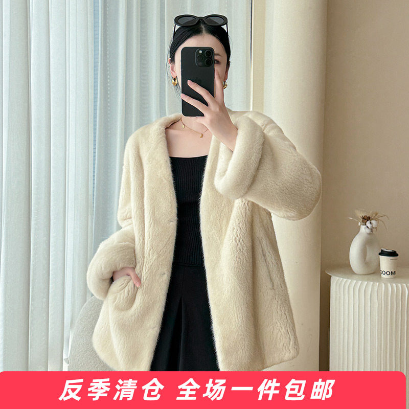 水貂皮大衣女短款V领挽袖2025冬季新款海宁进口裘皮整貂皮草TT