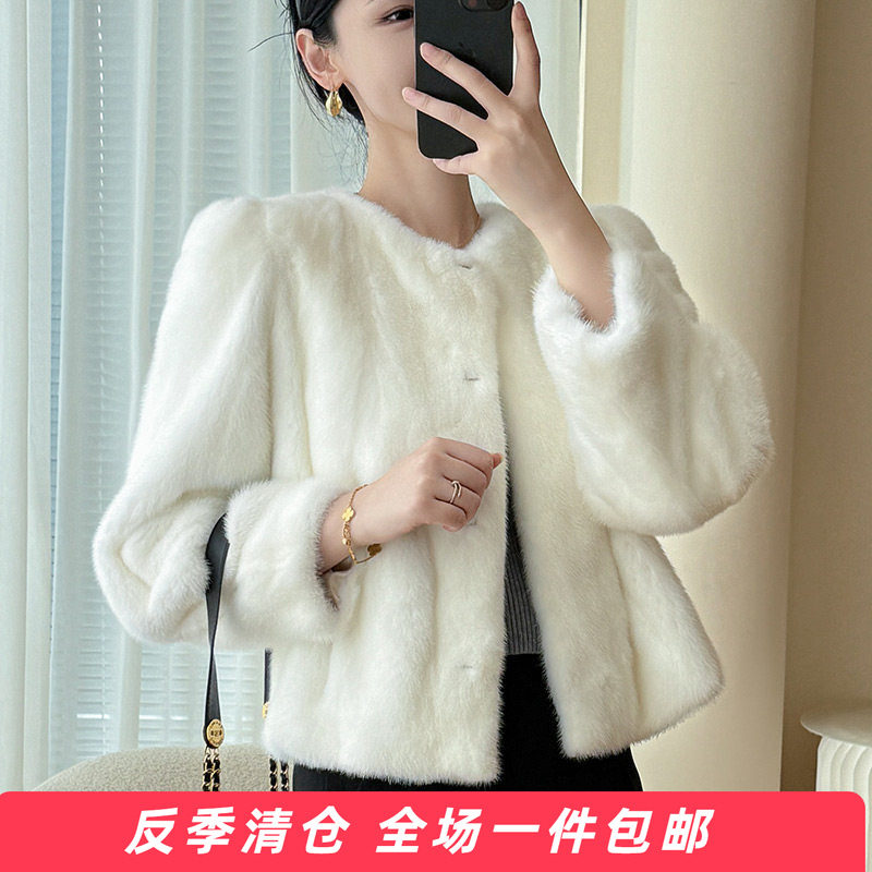 水貂皮大衣女短款圆领修身2025冬季新款海宁整貂皮草外套小母貂