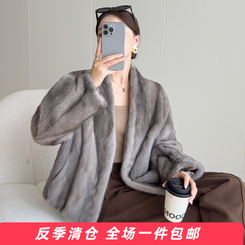 2025冬季新款水貂皮草外套女短款V领海宁整貂毛皮草裘皮大衣韩版