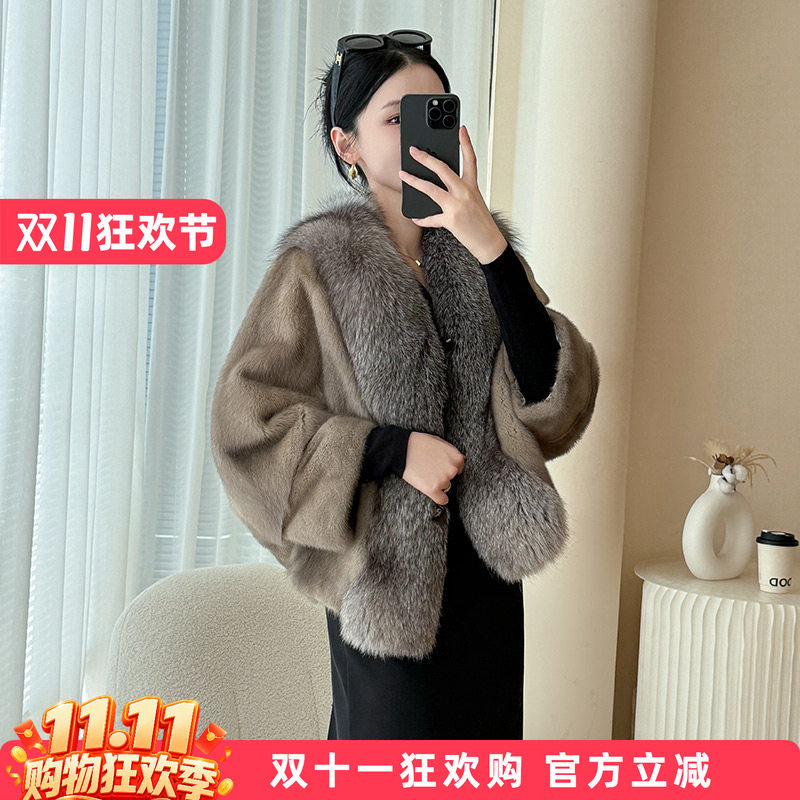 水貂皮大衣女短款大狐狸毛领蝙蝠袖2026冬季新款海宁整貂皮草外套