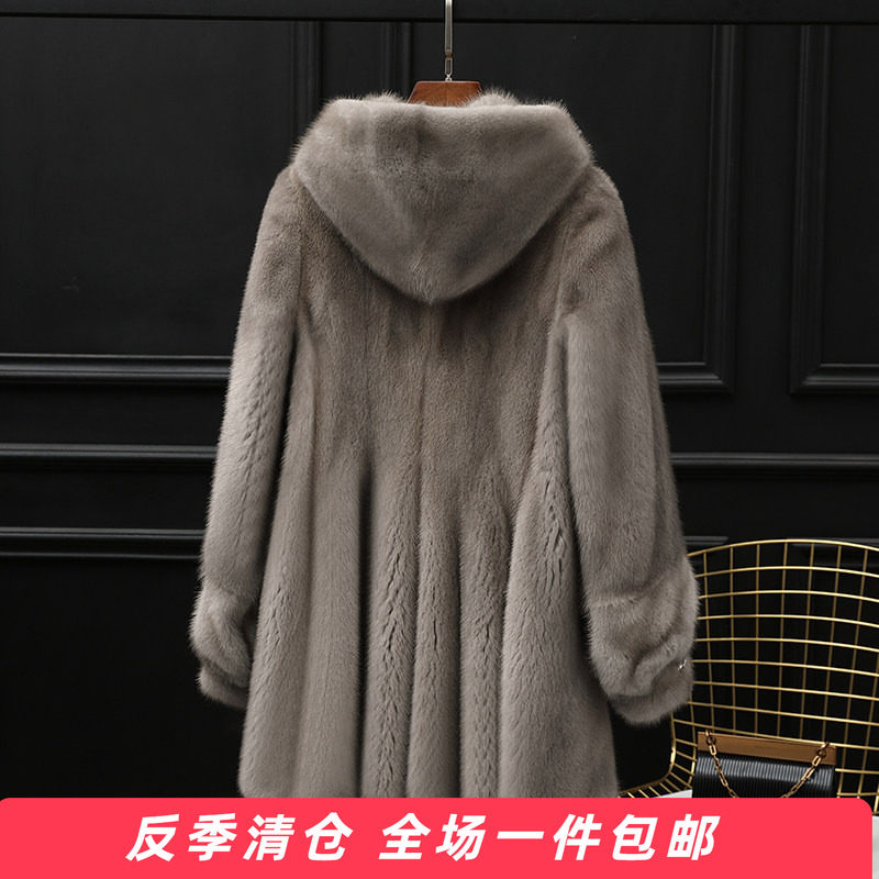 进口整皮水貂皮大衣女连帽中长款纯色母貂裘皮宽松皮草外套冬