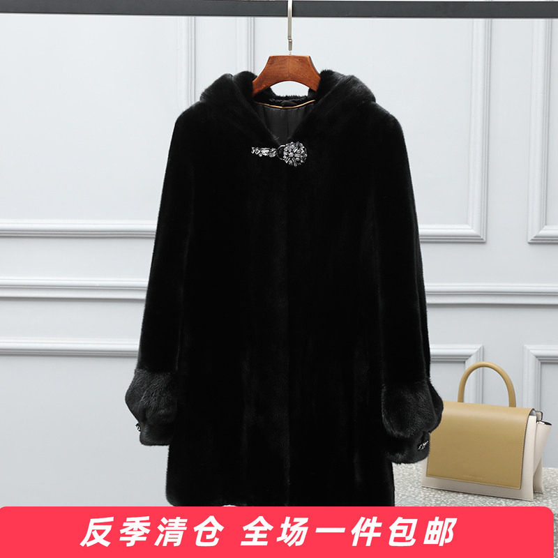 水貂皮大衣女中长款连带帽貂毛2025冬季新款海宁整貂皮草显瘦外套