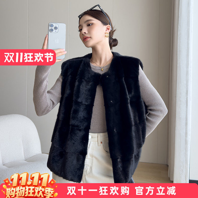 水貂皮大衣整貂皮草外套女貂毛2026新款横排马甲时尚圆领短款TT
