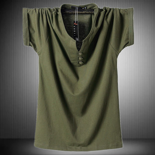 夏季 宽松运动汗衫 肥佬胖子体恤潮8XL 纯棉加肥加大码 无领t恤男短袖