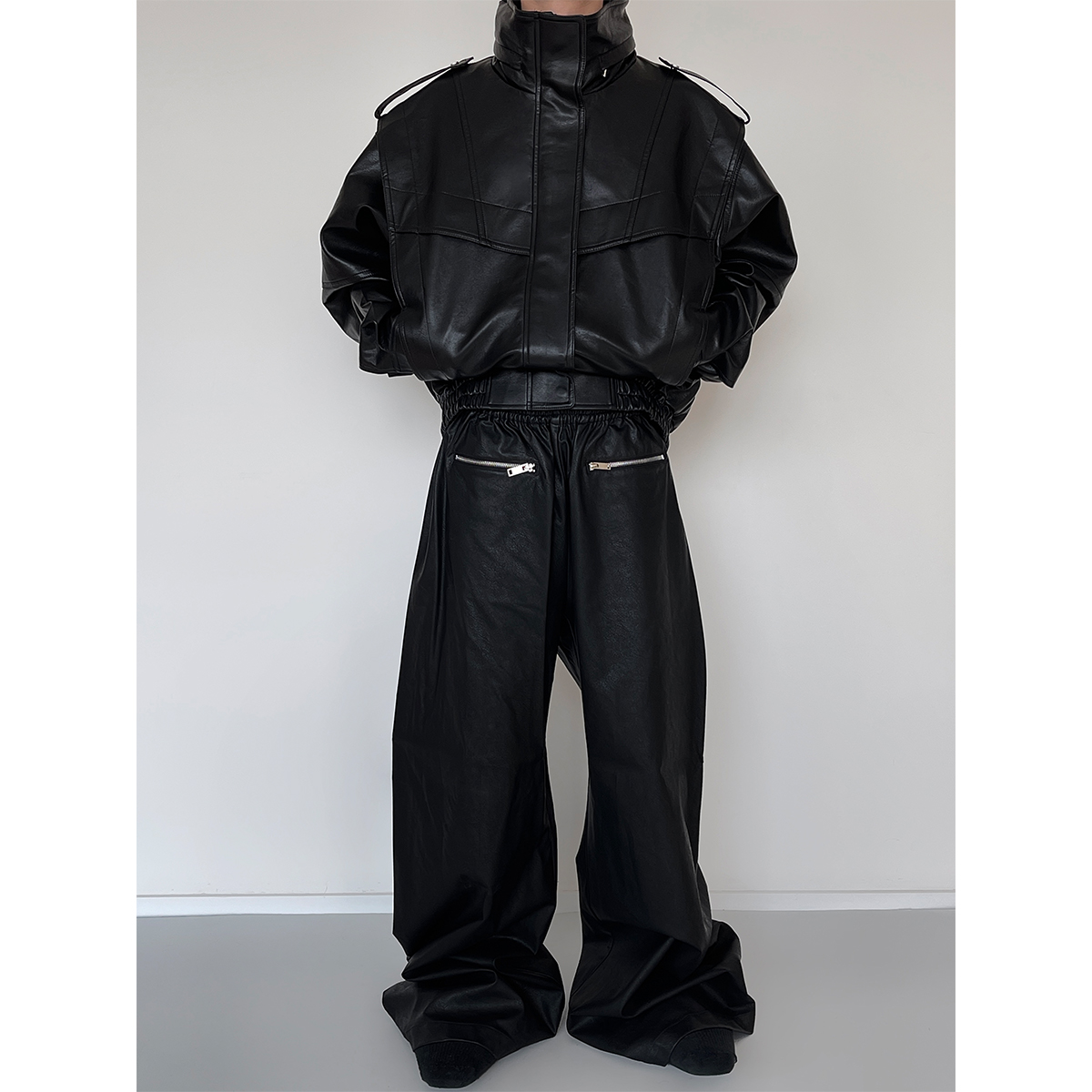 秋冬宽松复古廓形短款皮夹克