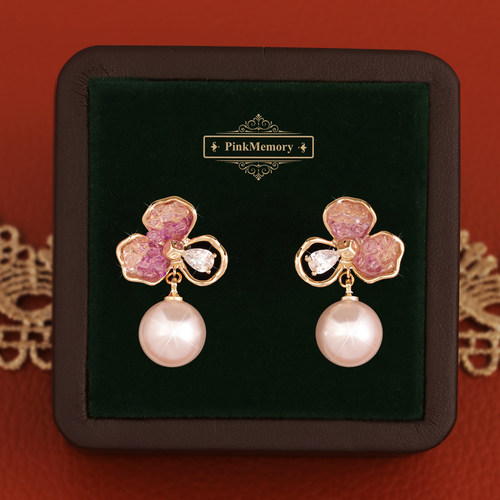 巴黎Pink Memory设计师满钻三色花珍珠耳钉轻奢女款古风配饰耳环