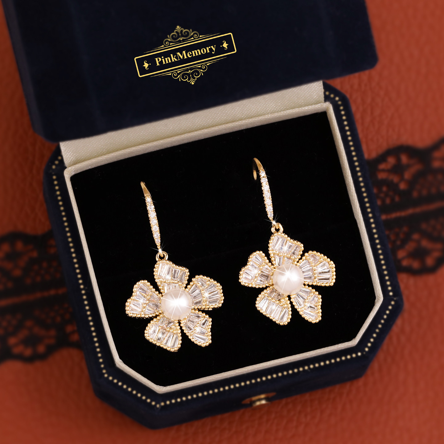 巴黎Pink Memory水晶五叶花朵珍珠耳钉高级感轻奢女独特领针耳环