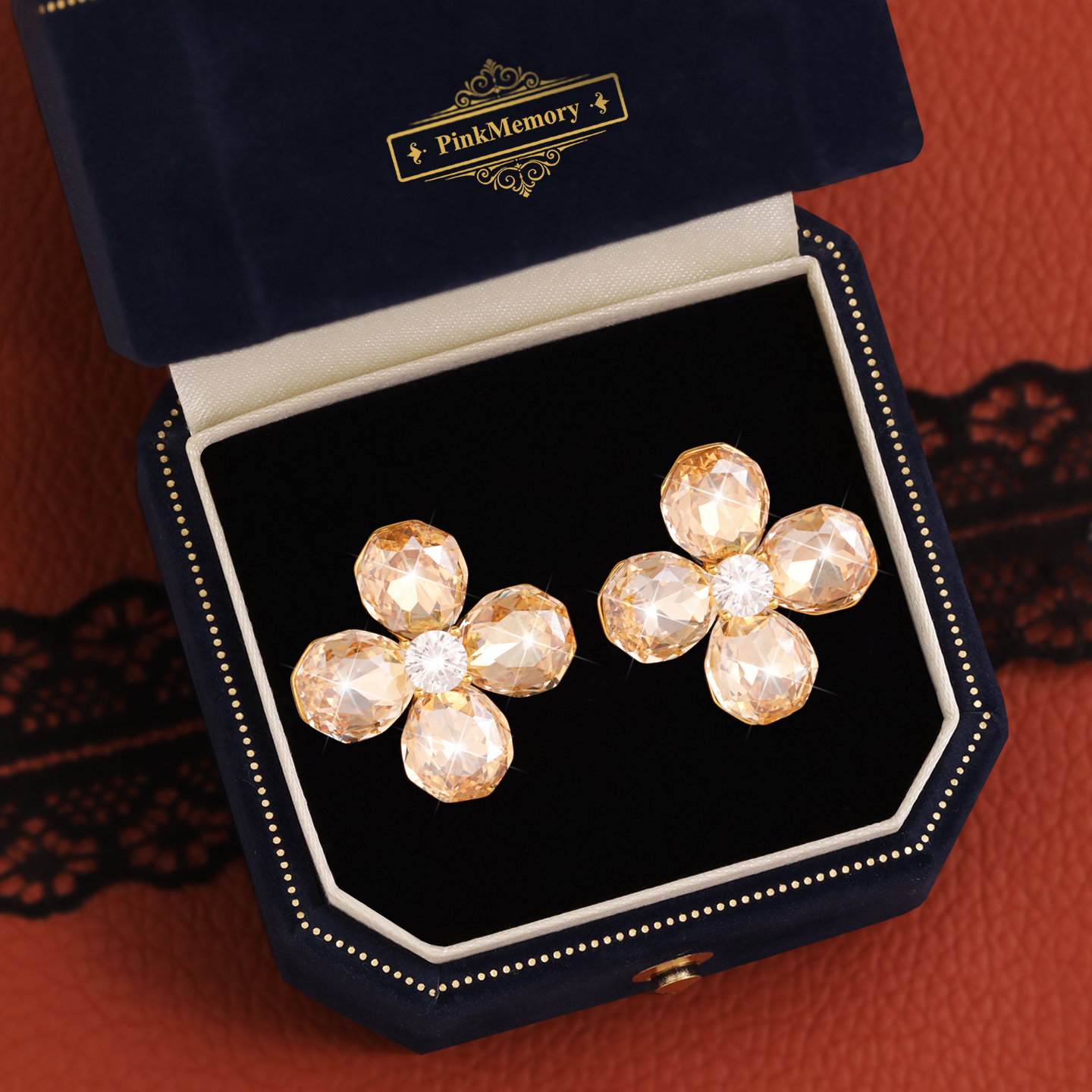 巴黎Pink Memory设计师法式水晶四叶花耳钉轻奢爆闪古风配饰耳环