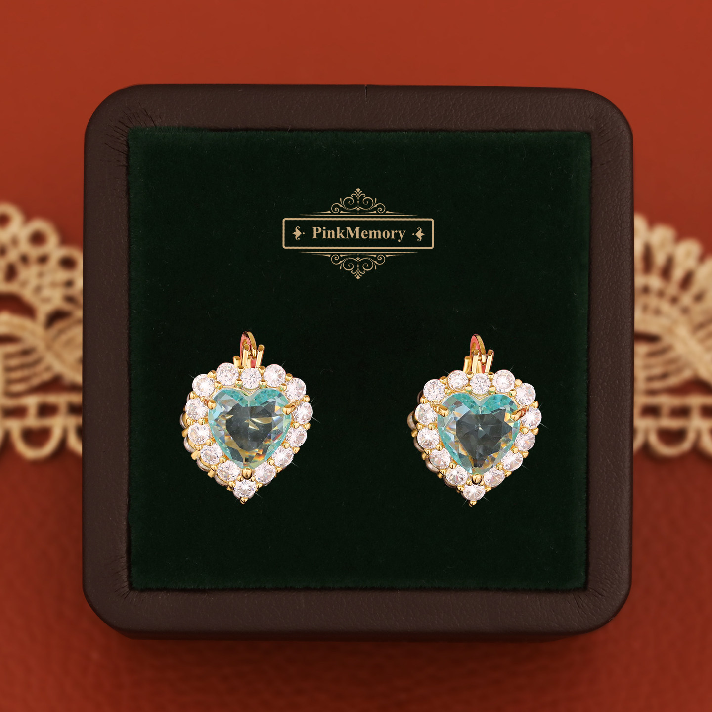 巴黎Pink Memory满钻爱心蓝宝石耳钉高级感轻奢女款爆闪领针耳环