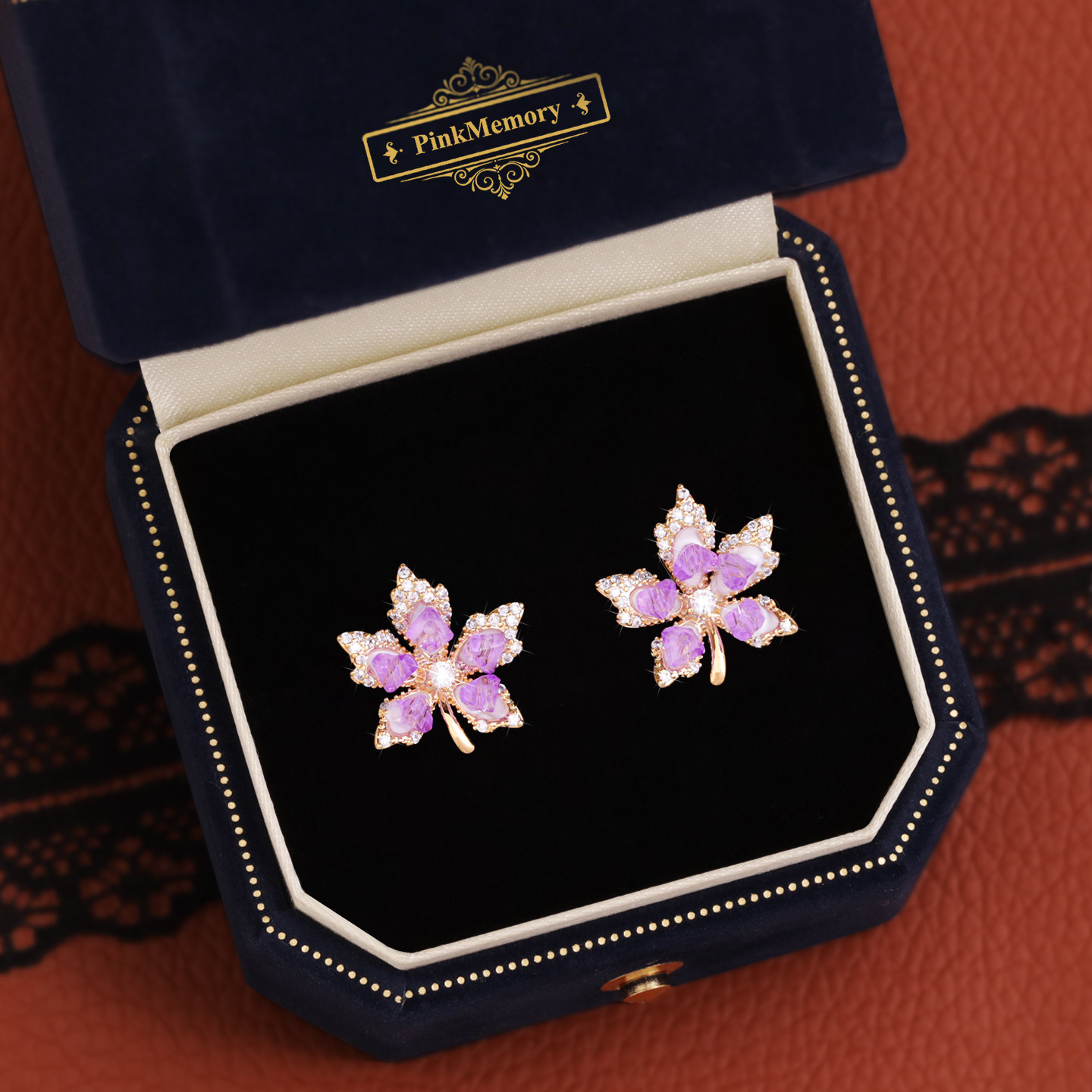 巴黎Pink Memory设计师法式浪漫紫水晶枫叶耳钉轻奢国风配饰耳环