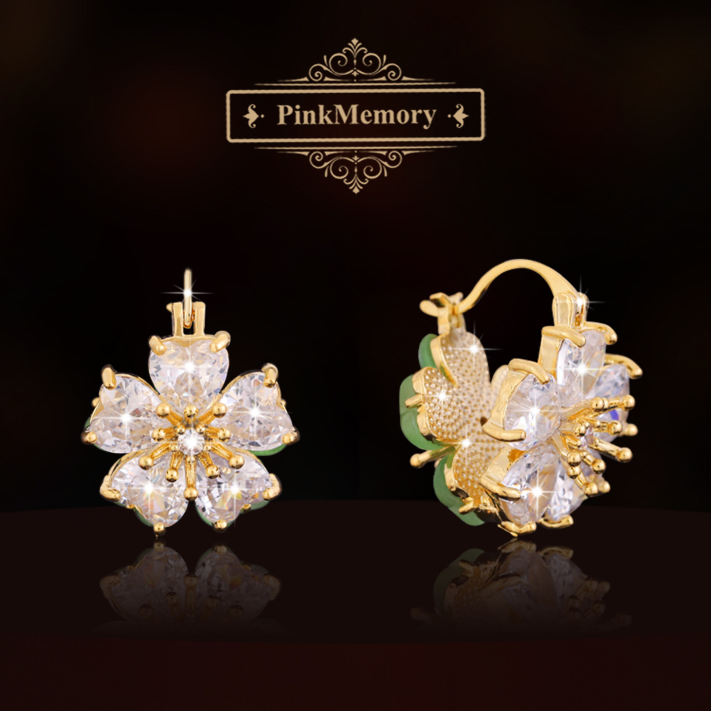 巴黎Pink Memory双面爱心宝石花朵耳钉高级感轻奢女爆闪领针耳环