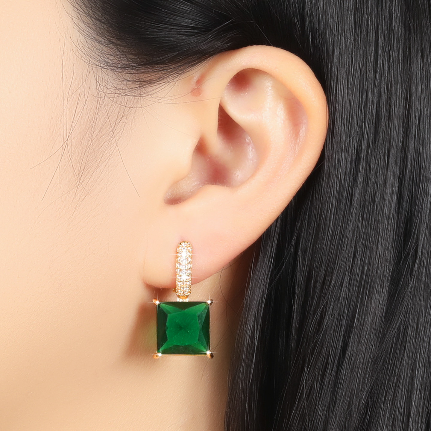 巴黎Pink Memory满钻方形墨绿宝石耳钉高级感轻奢女爆闪领针耳环