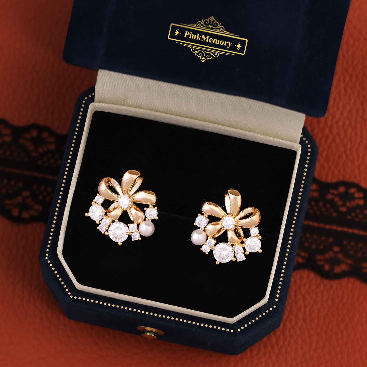 巴黎Pink Memory设计师法式满钻珍珠花朵耳钉轻奢女古风配饰耳环