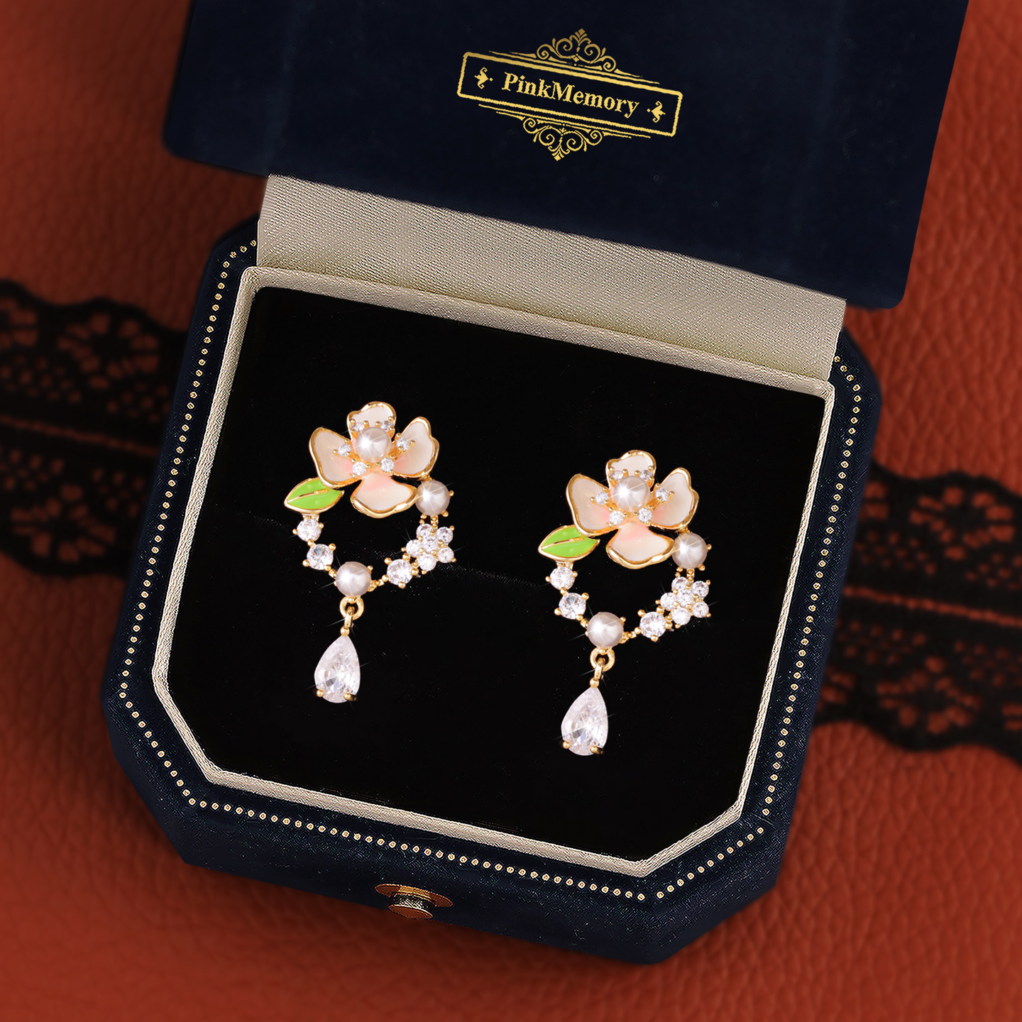 巴黎Pink Memory设计师满钻花朵珍珠水滴耳钉高级感轻奢领针耳环