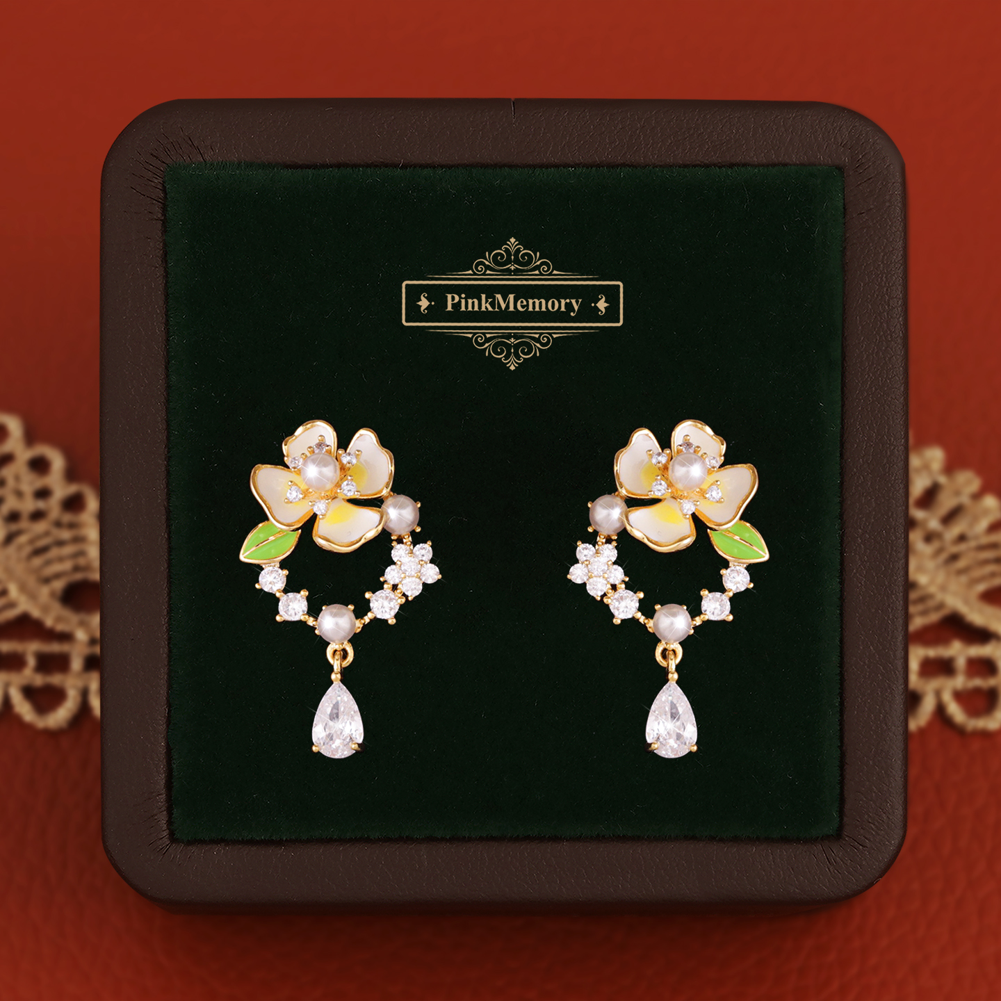 巴黎Pink Memory满钻珐琅花朵珍珠耳钉高级感轻奢女水滴领针耳环