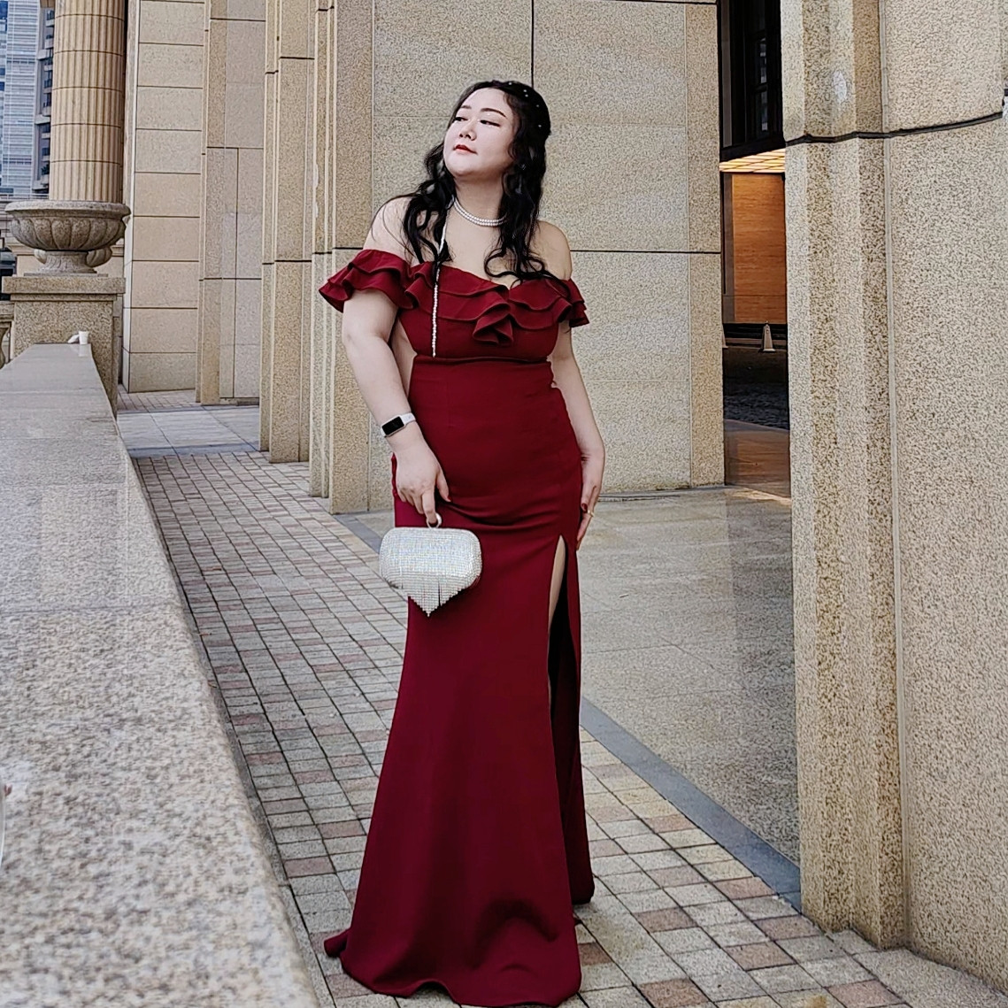 玫瑰欲一字肩红色日常可穿绝美订婚小洋裙平时可穿大码年会轻礼服