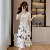 今年流行漂亮雪纺连衣裙女国风碎花短袖 改良旗袍长裙 假两件新中式