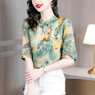 小个子中袖衬衫t恤女春夏桑蚕丝小衫盘扣国风高级感妈妈遮肚上衣