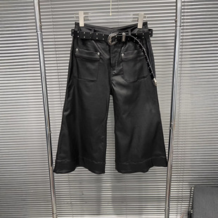 屁屁雪丨2026春季新款宽松阔腿微喇七分慵懒风弹力配皮带凉面皮裤