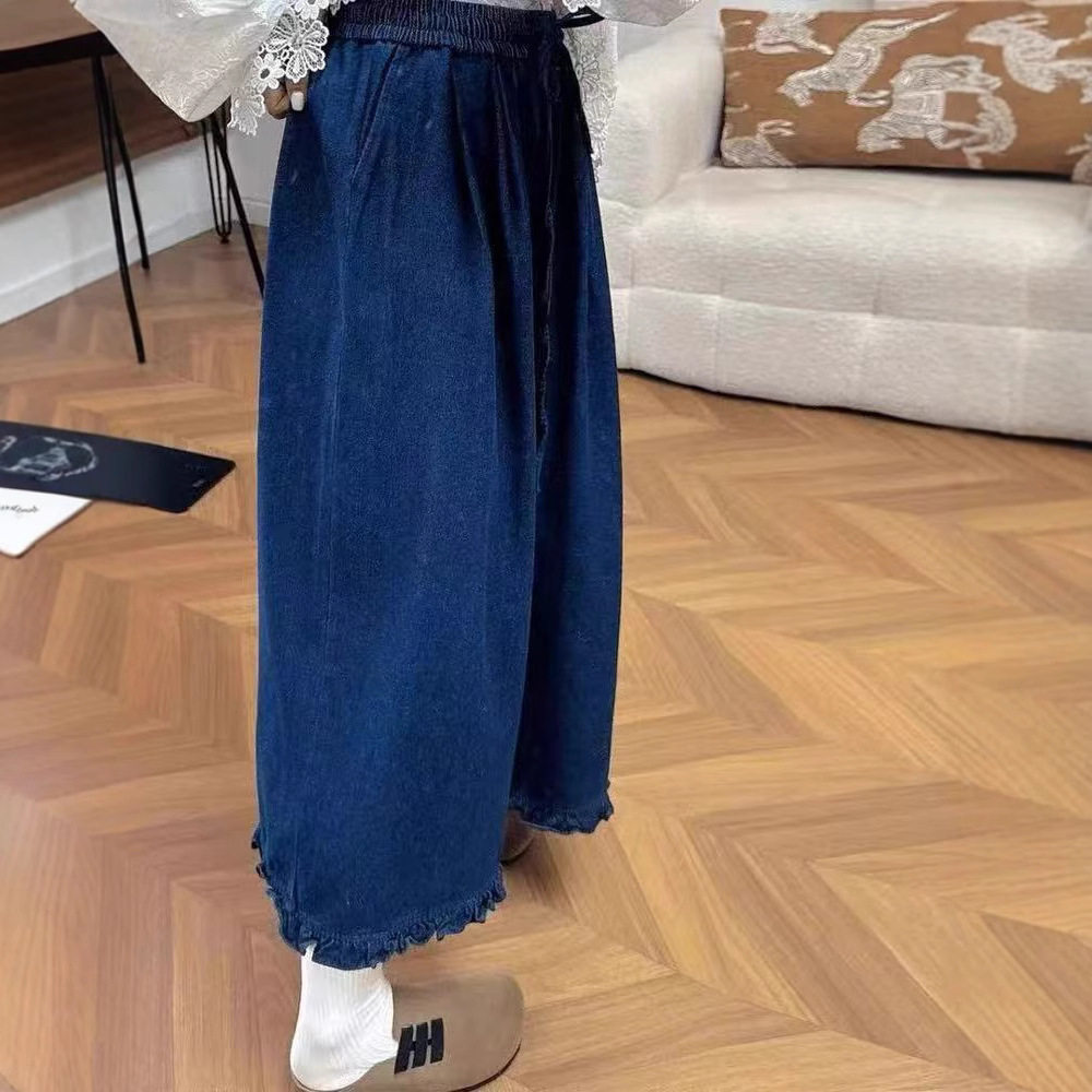 日系复古森女风木耳边花边牛仔裤加绒加厚保暖阔腿裤直筒裤秋冬女
