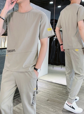 花花公子夏季短袖冰丝套装男装一套搭配痞帅气潮韩版男士休闲T恤