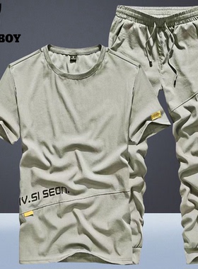 花花公子运动套短袖男T恤冰丝夏季套装休闲ins男装一套搭配帅气潮
