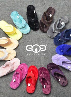 GOOG牛皮夹脚拖鞋 仿羊毛休闲鞋 亲子真皮防滑情侣款人字拖