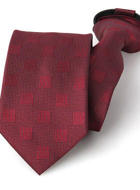 酒红方块男女拉链领带结婚新郎红色正装商务韩版懒人免打条纹领带