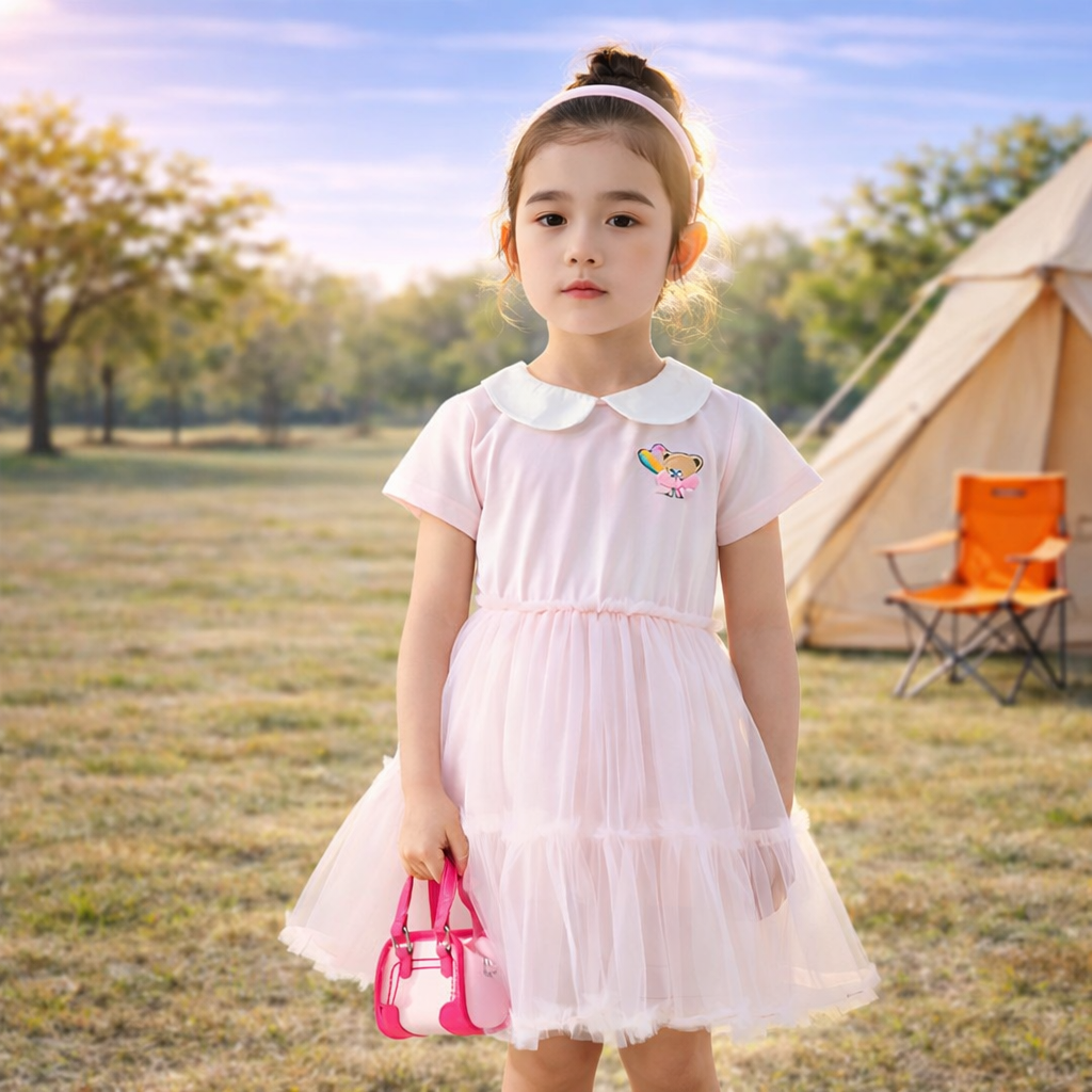 童装女童夏季连衣裙2026新款网纱梦幻甜美裙子刺绣小熊短袖公主裙
