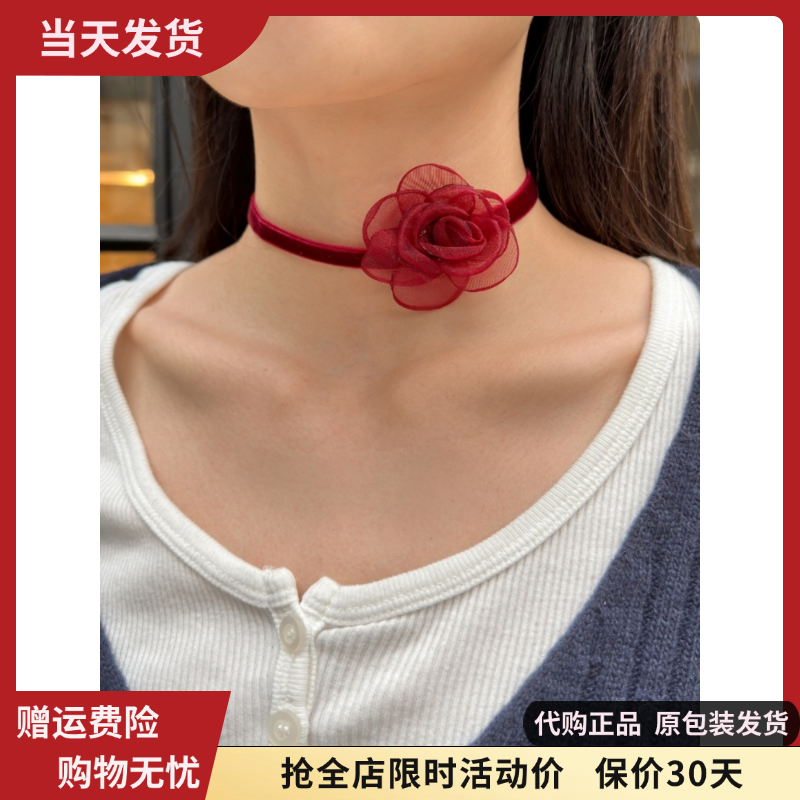 丝绒choker红色花朵项链