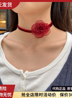 bm项链丝绒choker女生新款红色花朵系带锁骨链短链brandymelville
