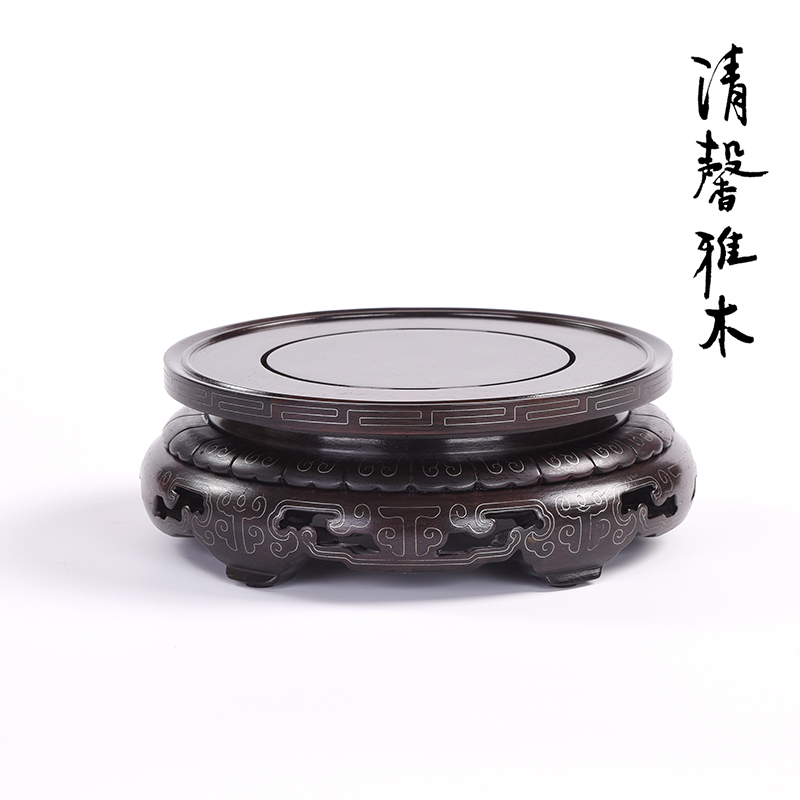 紫光檀实木中式嵌银丝花瓶鱼缸酒瓶盆景古玩奇石古玩玉石摆件底座
