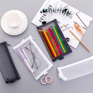 拉链文具袋韩国创意简约透明网纱笔袋学生考试便携大容量铅笔袋