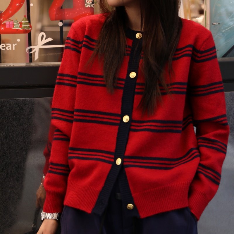 欧洲站高品质轻奢小众设计慵懒风条纹毛衣女百搭撞色针织开衫外套,女装/女士精品,毛针织衫,淘宝优惠券,粉丝福利购,淘宝优惠卷