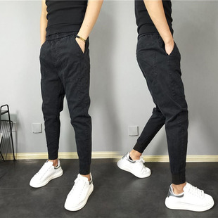 社会精神小伙裤子男春夏季纯色修身九分小脚牛仔裤抽绳束脚休闲裤