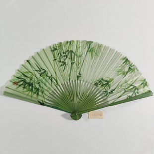 原创8寸绿竹折扇 汉服马面裙搭配精品扇子仿真丝扇面头青竹柄