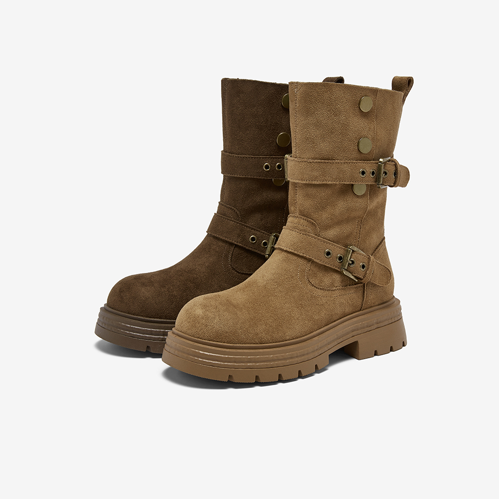 百思图2025冬季新款复古西部靴堆堆靴厚底圆头女驼色短靴BP335DZ5