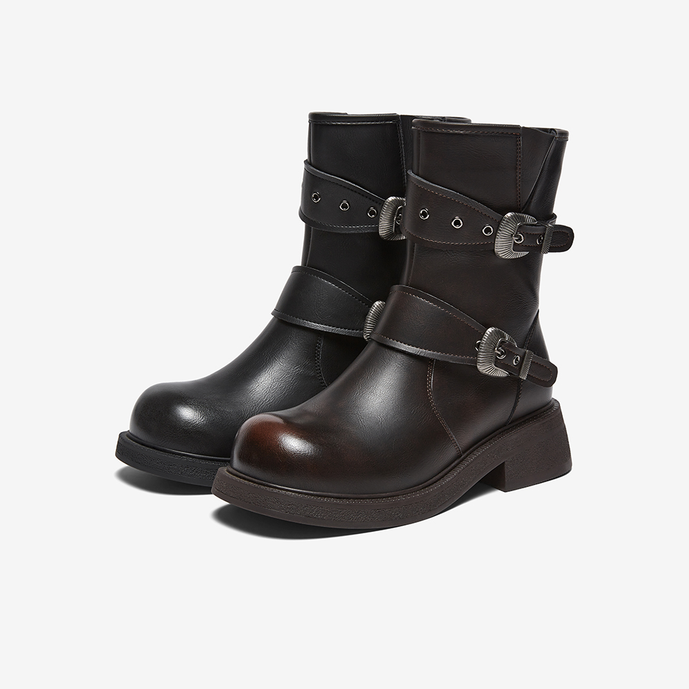 百思图2025冬季新款英伦西部靴复古粗跟马丁靴女中筒靴W9201DZ5