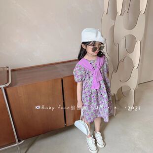 高品质正版纯棉复古紫色碎花显白连衣裙女童儿童特价包邮洋气潮