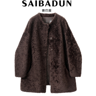 赛巴盾西班牙拉贡羊皮毛一体女士中长款 外套 圆领真皮皮草廓肩冬装