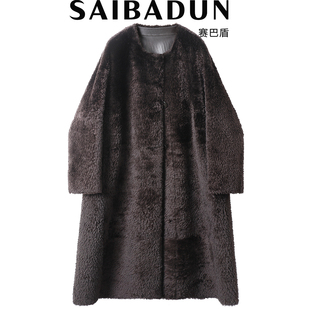 赛巴盾西班牙短毛拉贡女中长款 羊皮毛一体 圆领真皮皮草大衣宽松版