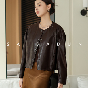无领简约休闲女装进口真皮绵羊皮短皮衣外套女2025秋高级感单夹克