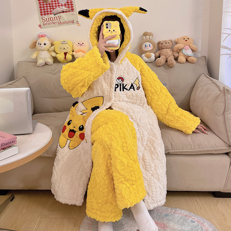 爆款夹棉卡通皮卡丘连帽睡袍套装