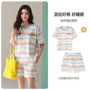 短袖短裤纯棉女生套头睡衣可爱卡通全棉可外穿女士短袖休闲家居服