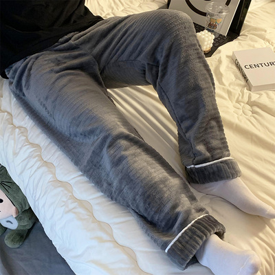 冬季男款加厚法兰绒睡裤休闲纯色保暖家居可外穿大码200斤宽松裤