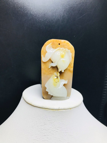 俄料黄沁皮和田玉白玉双鱼挂件吊坠51×28×12mm27.6克
