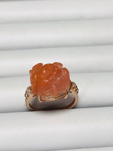 天然南红玛瑙牡丹花戒指925新玫瑰金金镶嵌13×12mm